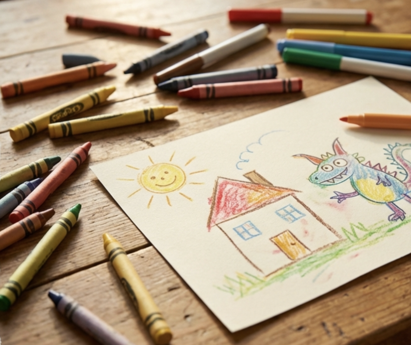 Child's crayon drawing of a dragon and house
