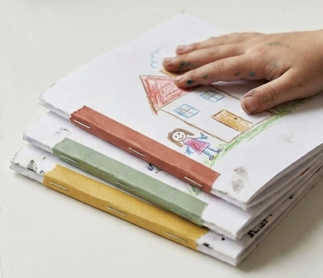 Stack of handmade storybooks with child's hand